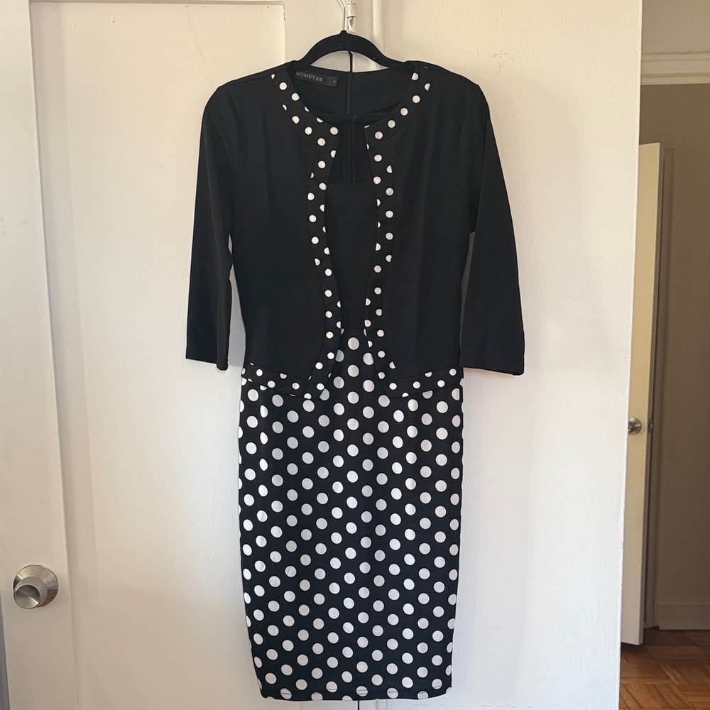 Black and White Polka Dot Midi Dress with Coordinating Black Jacket